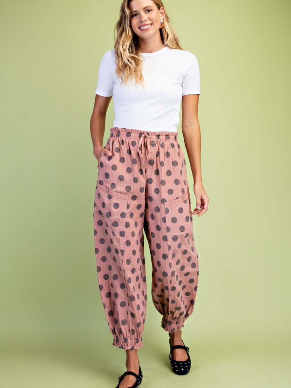 Gigio Dusty Pink Polkadot Gathered Ankle Parachute Pants - Picture 3 of 5